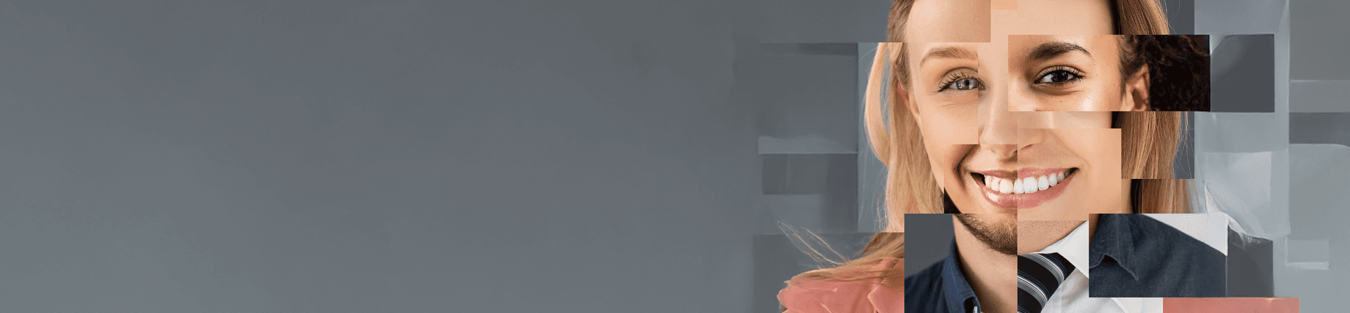 Two faces in an abstract collage of rectangles showing different skin tones and eye colors, symbolizing diversity.