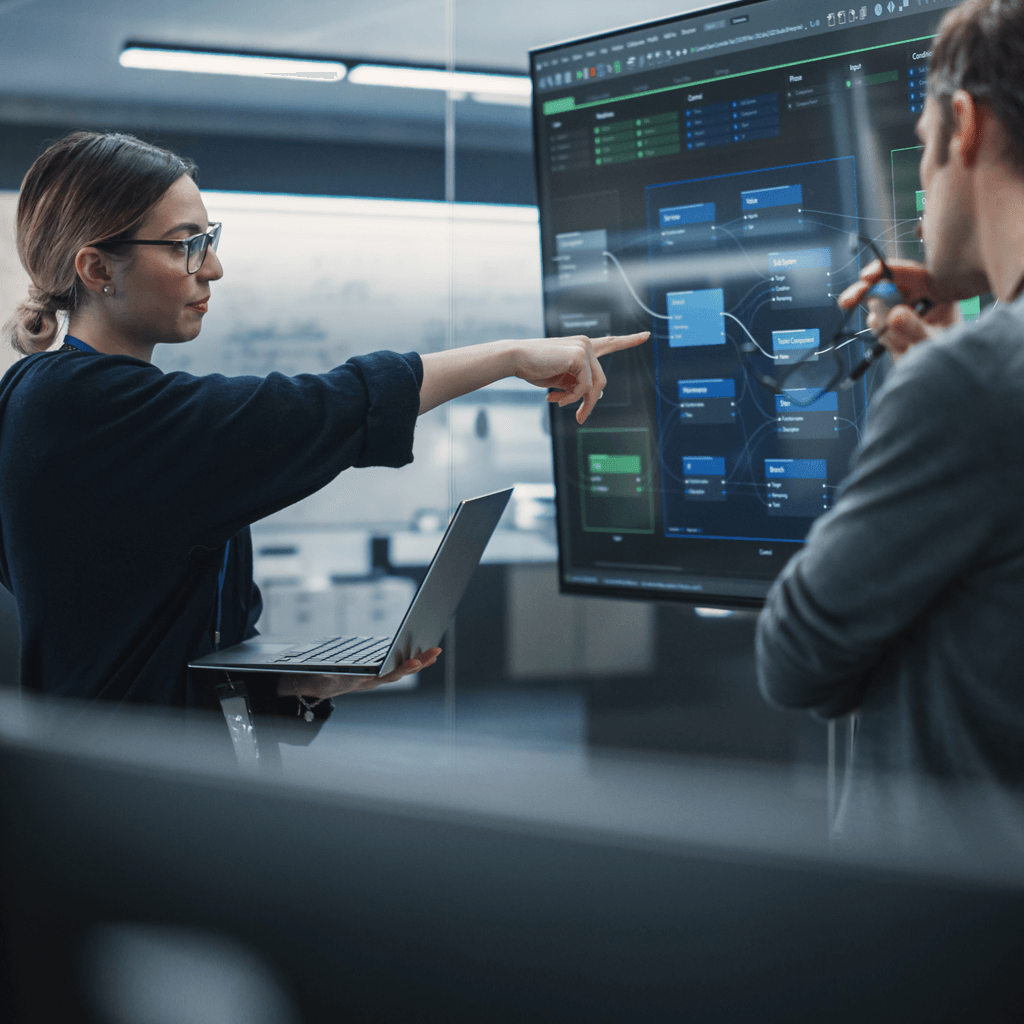 Woman with glasses and laptop pointing at a large data chart.
