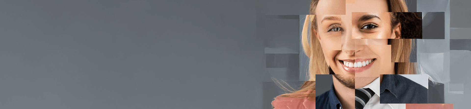 Two faces in an abstract collage of rectangles showing different skin tones and eye colors, symbolizing diversity.